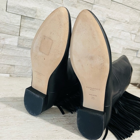 Saint Laurent Dana Black Leather Fringe Studded Knee High Boots Size 35 $1890 - Picture 12 of 15